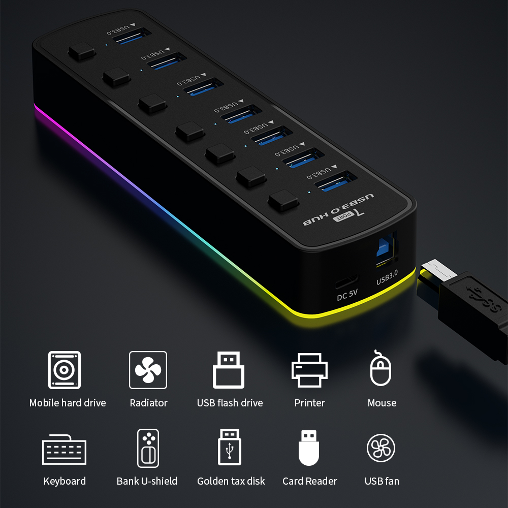 RGB USB 3.0 Hub 7 Ports Data P - Esports Gaming Splitter recension och pris